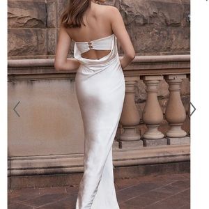 SHOWPO Charlita Dress - Strapless Cowl Back Satin Maxi Dress in Pearl